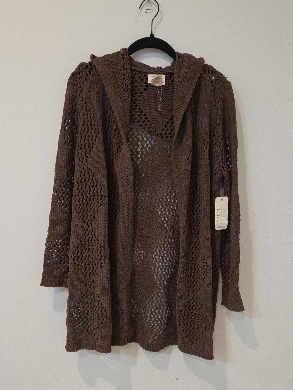 Nicole Miller Artelier Brown Hooded Open-Knit Cardigan Sweater